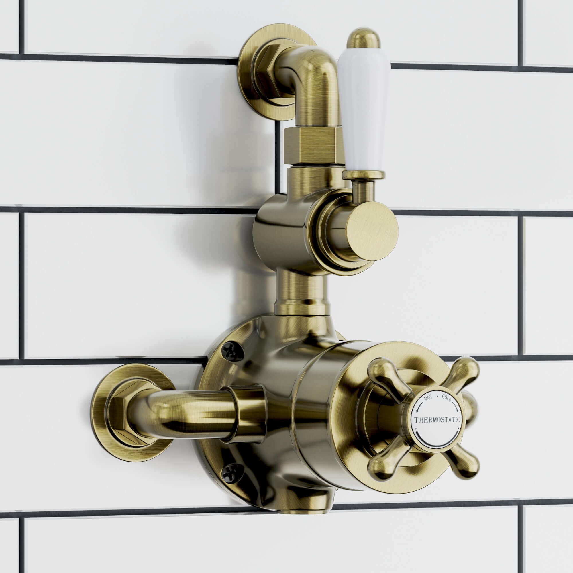 Buy Downton traditional twin thermostatic shower valve semi-exposed - antique brass Online UK | HOUSE OF ENKI